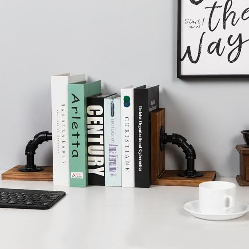 Rustic-Decorative-Wooden-Tabletop-Farmhouse-Bookends-for-Heavy-Books-with-Modern-Industrial-Style-Pipe-Office-Desktop-Bookshelf-Organizers-Stoppers-Holder-Nonskid-Shelf-Decor-1-Pair-Brown Rustic Decorative Wooden Tabletop Farmhouse Bookends for Heavy Books with Modern Industrial Style Pipe Office Desktop Bookshelf Organizers Stoppers Holder Nonskid Shelf Decor 1 Pair Brown