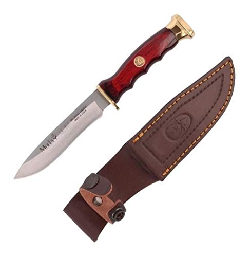 Muela Cuchillo de caza COMF-10 con hoja de acero inoxidable ACX-380 de 10 cm y empuñadura de madera de coral para Caza, Pesca, Supervivencia y Bushcraft + Portabotellas de regalo