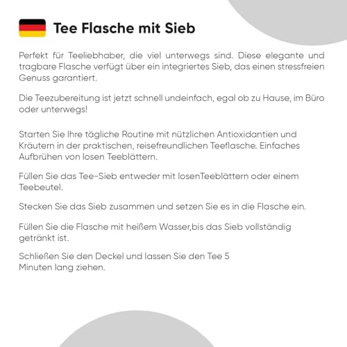 Teeflasche mit Sieb to Go - Trinkflasche 500ml aus Borosilikatglas - BPA-frei & Bleifrei - Thermo Glasflasche...