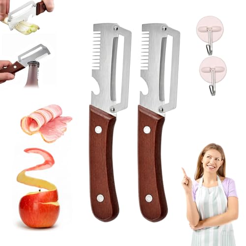 Pelatore Da Cucina Multifunzionale 3 in 1, Pelatore Di Frutta Multifunzione, Coltello Pelapatate in Acciaio Inox con Manico in Legno Ergonomico, Taglia Verdure Julienne e Apribottiglie (2)