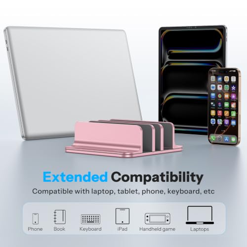 Image of OMOTON Vertical Laptop Stand [Updated 3-Solts Version], Desktop Aluminum Mac Book Stand with Adjustable Dock Size, Fits All Mac Book, Surface, Chrome Book and Gaming Laptops (Up to 17.3 in),Rosegold