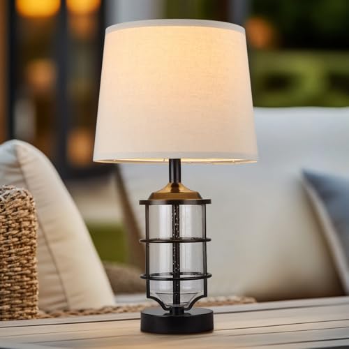 Hapcrea Outdoor Table Lamp, Farmhouse Lamp for Patio Table Decor with Cord, Rustic Table Light with Seeded Glass, 23.5' Plug-in Outdoor Lamps for Patio Waterproof, LED Bulb Included (Black)