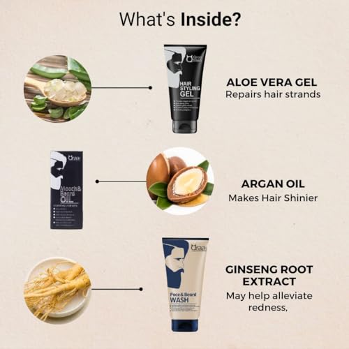Image of Qraa Beard Care Kit for Men | Beard Oil for Growth & Nourishment, Face & Beard Wash for Deep Cleansing, Hair Styling Gel for Strong Hold | Suitable for All Skin & Hair Types | Set of 3