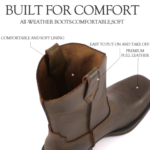 Image of SUREWAY Western Boots - Men's Square Toe Work Boot,Pull On Leather Wellington Boots,Durable Classic Slip Resistant Soft Toe Cowboy Boot