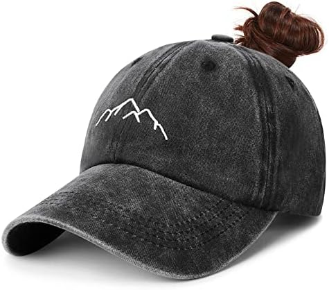 Hebenie Ponytail Baseball Cap for Women - Washed Ladies Baseball Caps Cotton Vintage High Bun Pony Embroidered Classic Adjustable Ponytail Cap