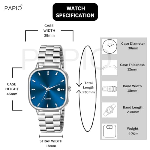Image of PAPIO Analog Quartz Watch with Date Display | Silver Stainless Steel Strap | Square Dial Formal & Casual Wrist Watch for Men