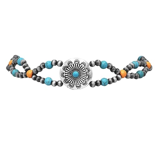 Rosemarie & Jubalee Women's Country Chic Western Hat Band Burnished Silver Tone Concho Orange Turquoise Howlite Stone Beads Vegan Leather Cord, 38.5