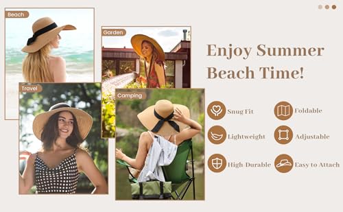 Image of Beach Sun Straw Hats for Women, UPF 50+ UV Sun Protection Wide Brim Summer Straw Hat Foldable Packable Roll up Cap