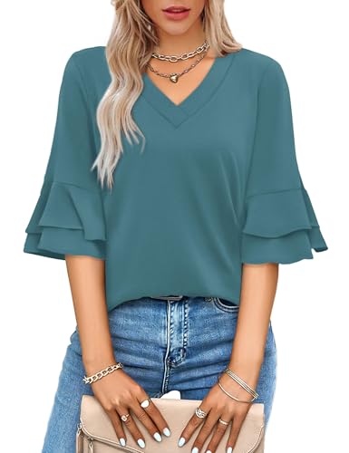 Image of OFEEFAN Spring Tops for Women Boho Shirts Fashion Clothing Cute 3 /4 Length Sleeve Blouses Dressy Casual Summer Outfits
