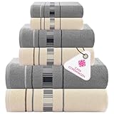 Casa Copenhagen X Lines Juego de Toallas 600 g/m² para hoteles, spas, cocinas y baños, Juego de 6 Piezas con 2 de baño, 2 Toallas de Mano y 2 toallitas faciales -Crema-Gris