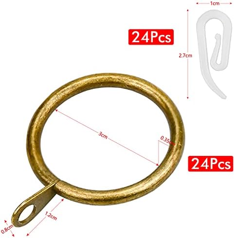 24 Set Metal Curtain Rings and Hooks Brass Rustproof Metal Drapery Ring 30mm Internal Diameter Hanger Ring Hook for Home Window Rod Decoration, Shower Curtains, Door Curtain