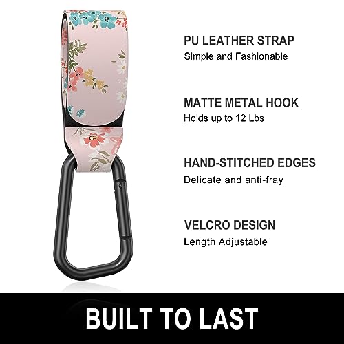 Gukeniu Baby Stroller Hooks for Hanging Bags, Universal Stroller Clips Accessories, Mommy Hook for Diaper Bag, Shopping Cart, Purse, Backpack - 2 Pack, Pink Flower - Thumbnail 3