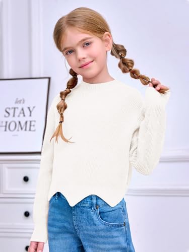 Image of Haloumoning Girls Mock Neck Sweaters Kids Fall Fashion Long Batwing Sleeve Rib Knit Pullover Clothes 5-14 Years White