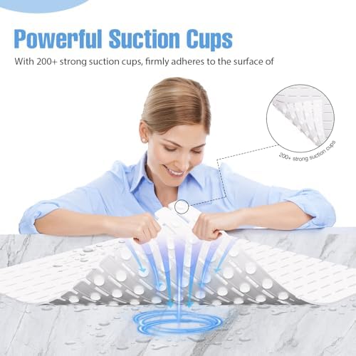Shower Mat Non-Slip Bath Mat for Tub and Shower Stall,200+ Suction Cups with Drain Holes, Quick Dry Machine Washable, Extra Grip for Stand Up Showers, Bathroom Essentials 24x24 Inch (White) — view 2