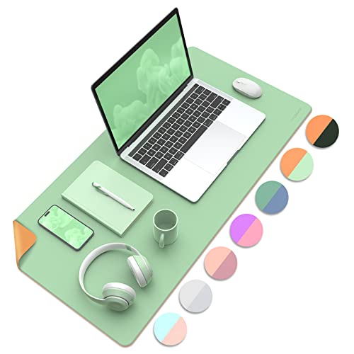 MoKo Desk Mat, Dual-Sided Office Desk Pad Waterproof, Large Protector Mouse Pad for Keyboard and Mouse, Leather Desk Writing Pad Large for Office/Home/Decor, 31.5''x15.7', Glaucous Green+Orange