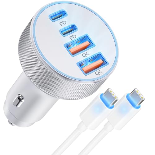 90W Super Fast Car Charger USB C, 4-Port Dual 45W USB C Car Cigarette Lighter Adapter Accessories + 3FT Type C Charging Cable with Blue Light for iPhone 16 15 Pro Max 16e Samsung Android iPad MacBook