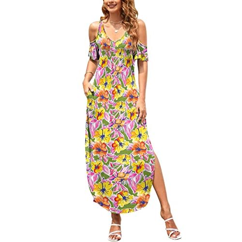 HUSKARY Women's Summer Maxi Dresses 2026 Trendy V Neck Cold Shoulder Short Sleeve Casual Loose Long Split Dress with Pockets Small Army Green