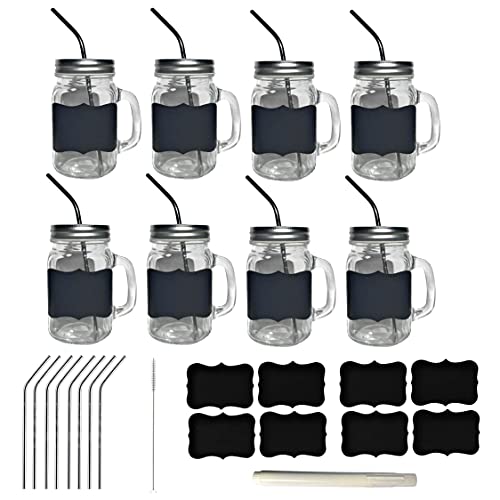 8 pack glass mason jars with handle and stainless-steel straw, lid, reusable chalkboard labels, chalkboard pen and straw cleaning wand. Mason Jar Cup glass mason jar with straw