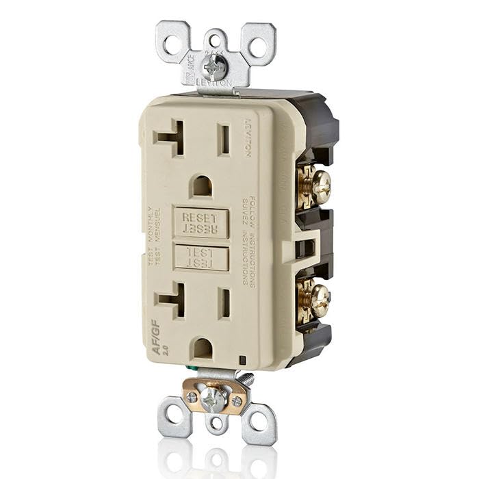 Image of Leviton Dual-Function AFCI /GFCI Outlet, 20 Amp, Self Test, Tamper-Resistant with LED Indicator Light, Protection from Both Electrical Shock and Electrical Fires in One Device, AGTR2-T, Light Almond