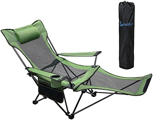 METKIIO Portable Camping Chair with Adult Detachable Footrest Mesh Folding Recliner, Can Sit and Lie Down, with Cup Holder and Storage Mesh Bag, Net Weight 9.5 Pounds, Heavy Support 330lbs, Green…