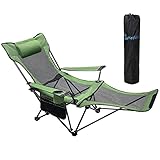 METKIIO Portable Camping Chair with Adult Detachable Footrest Mesh Folding Recliner, Can Sit and Lie Down, with Cup Holder and Storage Mesh Bag, Net Weight 9.5 Pounds, Heavy Support 330lbs, Green