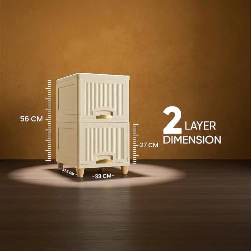 Image of Multipurpose Foldable Drawer Cabinet Organizer - Plastic Storage Cupboard with Double Door & Wheels | Clothes Rack, Kids Wardrobe for Home, Kitchen, Office (Ivory Drawer) 2 Layer