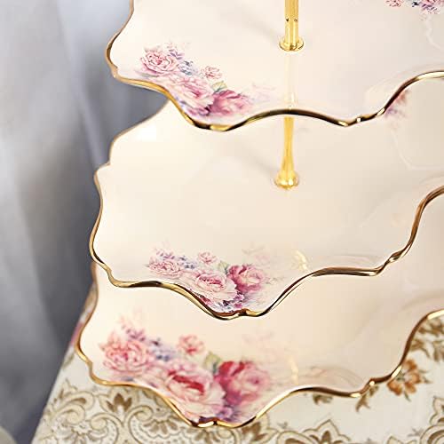 fanquare 3 Tier Porcelain Cake Stands,Rose Floral,Afternoon Tea Cupcake Stands,Food Server Display Holder for Anniversary,Birthday,Party,Wedding