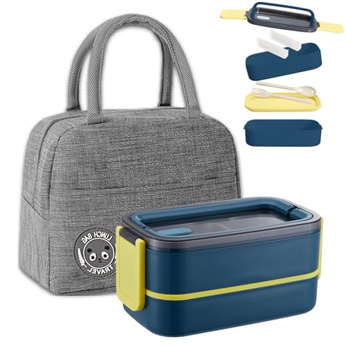 Haoh Lunch Box Kit, 1400ml 2 Strati Ermetica Porta Pranzo da Ufficio con Posate e Borsa Termica Porta Pranzo, Bento Box Microonde per Picnic Scuola Uffici Adulto (Blu Scuro)