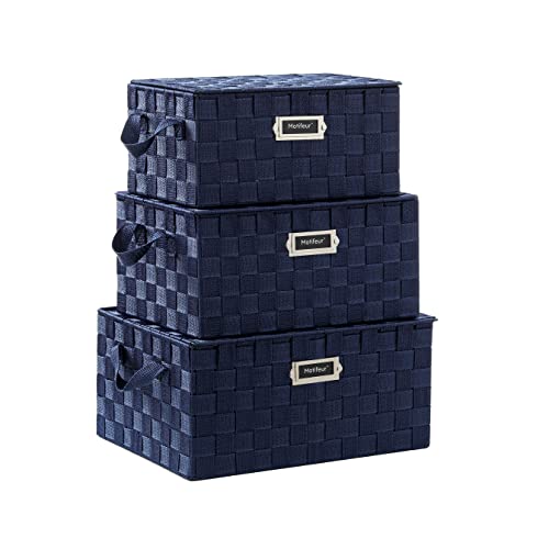 Motifeur Decorative Woven Strap Baskets with Lid, Label and Strap Handles, Stackable Bathroom Storage bins, Bedroom Organization Containers, Set of 3 (Navy Blue)