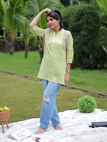 Image of Women's Viscose Rayon Embroidered A-Line Short Kurti Above Knee Regular Fit Tunic Top Office Wear Casual short kurti for women | office wear top | A-line kurti | raksha bandhan gift dress for women