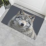 JEDTAKCT Schmutzfangmatte 45X75Cm Realistischer Grauwolf Fussmatte, Wildtiere Innen rutschfeste Waschbar Fußmatten, Haustür Türmatte Für Flur Küche Haustiere Fußmatte, Grau