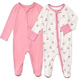 Aablexema Baby Footed Coverall Pajamas with Mittens Rayon from Bamboo 2pcs Newborn Infant 2-way Zipper Outfit (Pink Cherry Bow, Newborn)