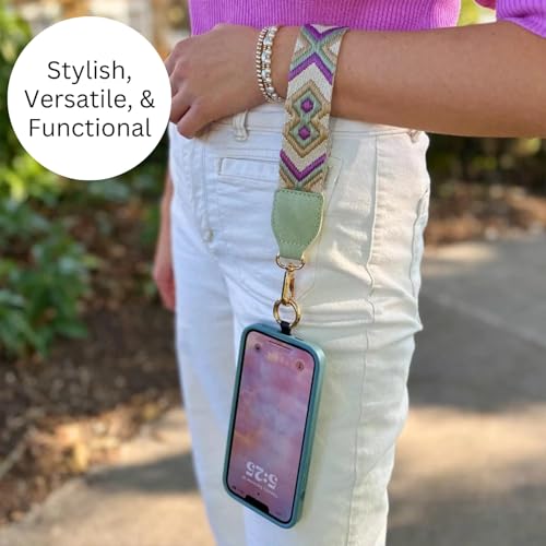 Image of Save the Girls Original Clip and Go Phone Strap Original (Green /Purple Pattern - Green Pouch) - Crossbody Phone Strap Chain with Zipper Wallet Pouch - Phone Lanyard with Zippered Pouch