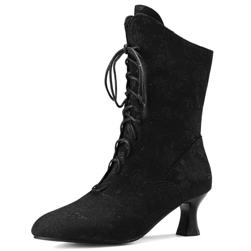 Victorian Boots for Women Vintage Granny Boots Renaissance Mid Calf Boots Costume Lace Up Low Heel Goth Boots with Zipper