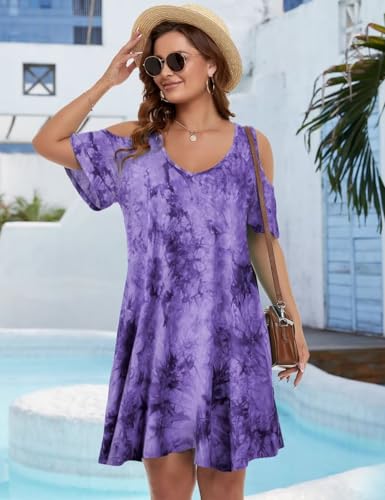 Image of JollieLovin Womens Plus Size Short Sleeve Cold Shoulder V Neck T-Shirt Dress with Pockets
