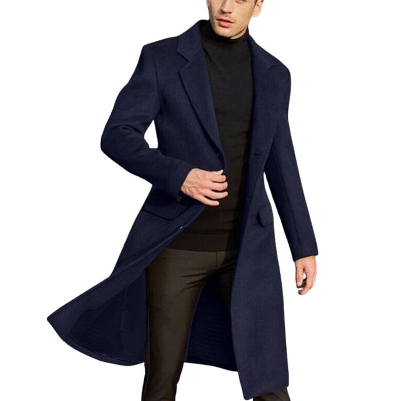 Men's Wool Blend Long Trench Coat Single Breasted Slim Fit Winter Jacket