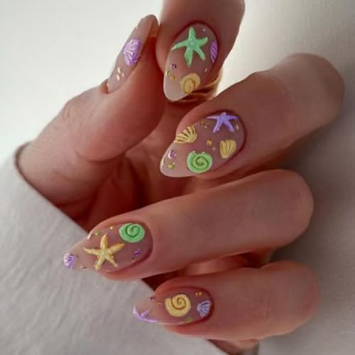 Image of Ocean Starfish Press on Nails Short Square Acrylic Fake Nails with Sea Shell Design Nude Full Cover Glue on nails Colorful False Nails Glossy Artificial Stick on Nails for Women Summer Manicure 24Pcs