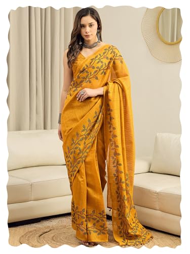 Image of AKHILAM Women's Cotton Printed Ready To Wear Saree With Unstitched Blouse Piece