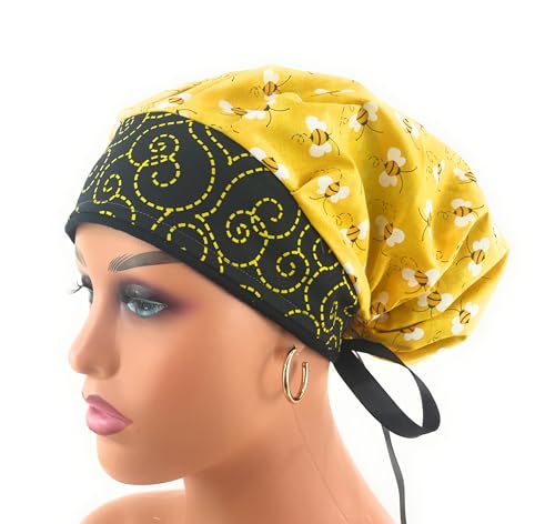 Bouffant Medical Scrub Cap - Honey Bees/Interrupted Lines - Scrub Hat for Women & Men tie Back | Scrub Hats for Women, Nurses Hats | Dr. Hats