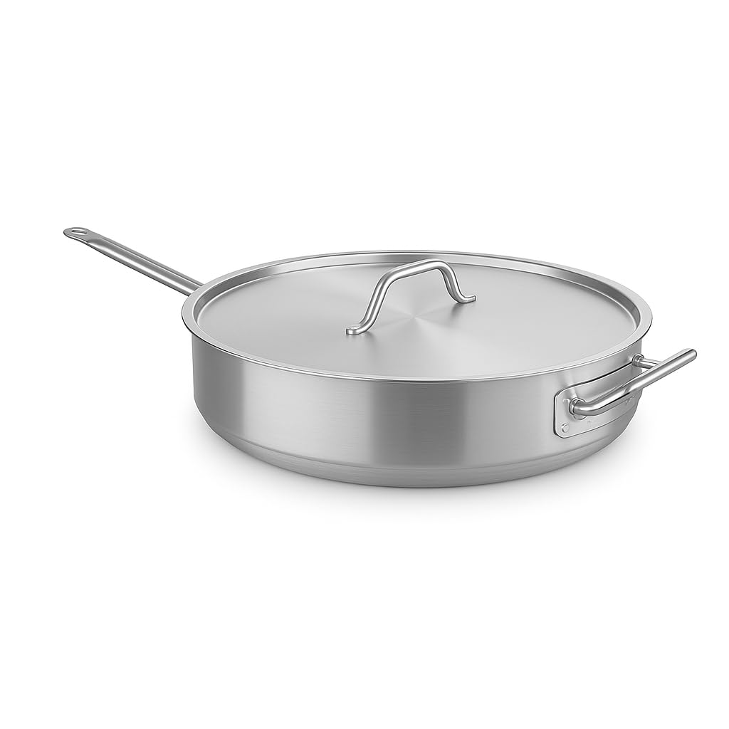 SS1 Series 7 Qt Stainless Steel Aluminum-Clad Saute Pan with Lid by Glownary – 14 Inches Diameter, 7.0 quarts, Stainless Steel, Silver, Model 473ssautpn7
