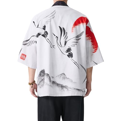 Image of PRIJOUHE Men's Lightweight Kimono Jacket Seven Sleeve Open Front Cardigan Coat Japanese Style Bathrobe