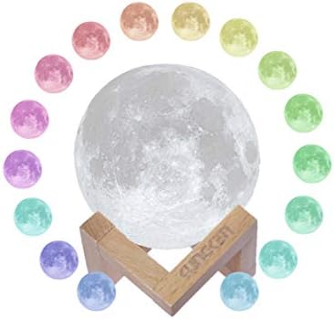 KUNGKEN Rechargeable 3D Printing Moon Lamp Premium Remote&Touch Control Luna Night Light Dimmable 16 RGB Colors LED Mood Lamp with Magnetic Wooden Mount 3.15IN
