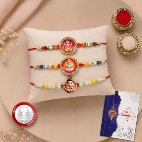 Image of Oblivion Rakhi For Brother - Elegant Stylish God Designer Rakhi with Beads and Silver Colour Pooja Coin, Tilak Set & Greeting Card - Traditional Raksha Bandhan Combo for Bhai