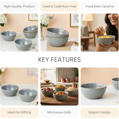 Image of The Earth Store Grey Embossed Ceramic Bowl Set of 2 - 500ML Each | Ceramic Mixing Bowls for Snacks, More | Rice, Dal, Fruits, Salad | Microwave Safe Bowl Set | Perfect for Gifting & Daily Use