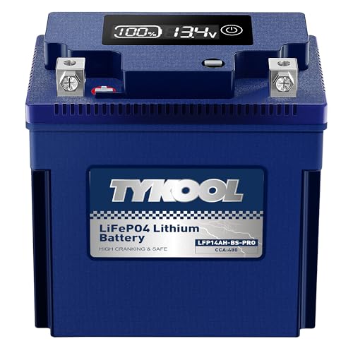 TYKOOL LFP14AH-BS-PRO Lithium Battery Replaces YTX14AH YTX14AH-BS 480CCA 8Ah Fits for ATV UTV Motorcycle Compatible with Polaris Sportsman 570 Ranger 500 Kawasaki Mule SX Digital Readout [+ -]