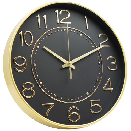 HZDHCLH 12inch Wall Clocks Battery Operated,Quartz Movement,Silent Non Ticking Modern Wall Clock for Living Room Bedroom Kitchen Office School Classroom Decor Black Gold