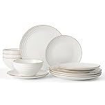 Richmount Jupiter Plates and Bowls Set, Reactive Glaze Dinner Set for 4, 12 Pieces Stoneware with Gold Rim, Scratch Resistant Dinnerware Service for 4, Microwave & Dishwasher Safe, White