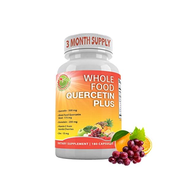 Supplements-Studio-Quercetin-with-Bromelain-Zinc-Vitamin-C-Ginger-Bioflavonoids-Organic-Whole-Foods-Immune-Cardiovascular-Respiratory-System-Support-Natural-Antioxidant-Vegan-Non-GMO180-Caps Quercetin with Bromelain Vitamin C and Zinc with Organic Whole Food Quercetin Blend - 1215mg per serving - Phytosome Quercetin 500mg, Ginger and Flavonoids for Immune & Respiratory Support - 180 count