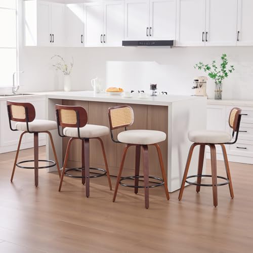Image of Swivel Counter Height Bar Stools Set of 4, 26 inch Bar Chairs with Curved Rattan Back, Linen Upholstered Seat, Walnut Craftsmanship, Mid Century Modern Counter Stools for Kitchen Counter, Beige