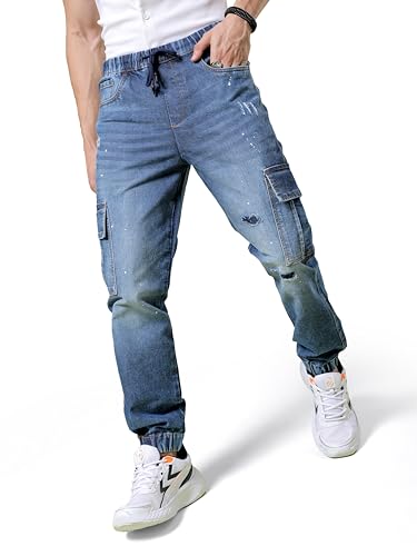 Image of The Indian Garage Co Men Regular Fit Solid Mid-Rise Stretchable Denim Cargo Joggers